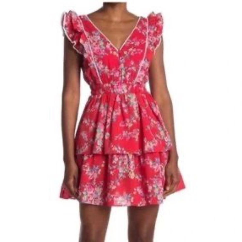 Betsey Johnson True Red Floral Print Tiered Seersucker Dress